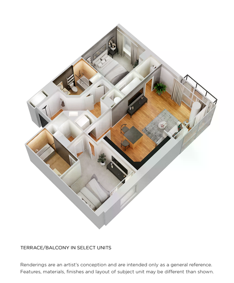 Floor plan for 2 beds, 2 baths, 923 sqft